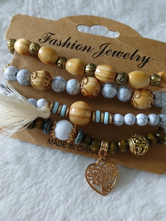 Fashion Jewelry Jewelry - Wood Beaded Stackable 4 Pc Bracelet Set - Heart Charm, Tree, Tassle [Golds]